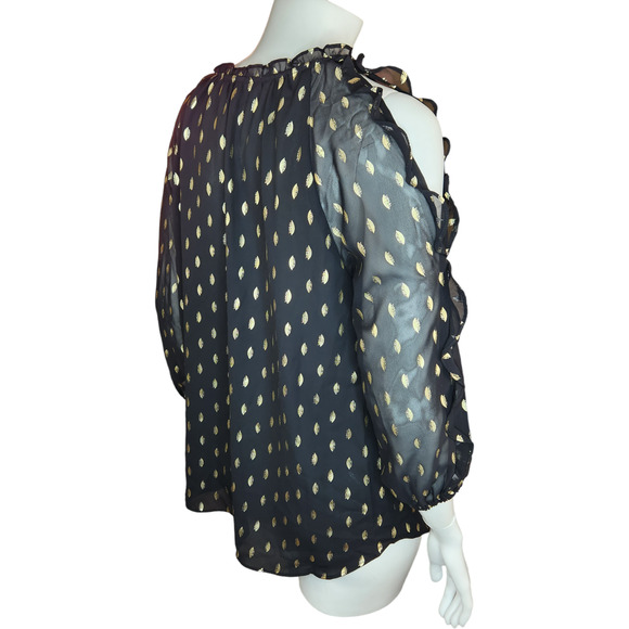 C by 1946 Cato Womens Size Medium Black with Metallic Gold Dots Blouse Ruffle - Picture 8 of 13